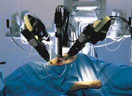 A robot performing surgery in the operating theatre